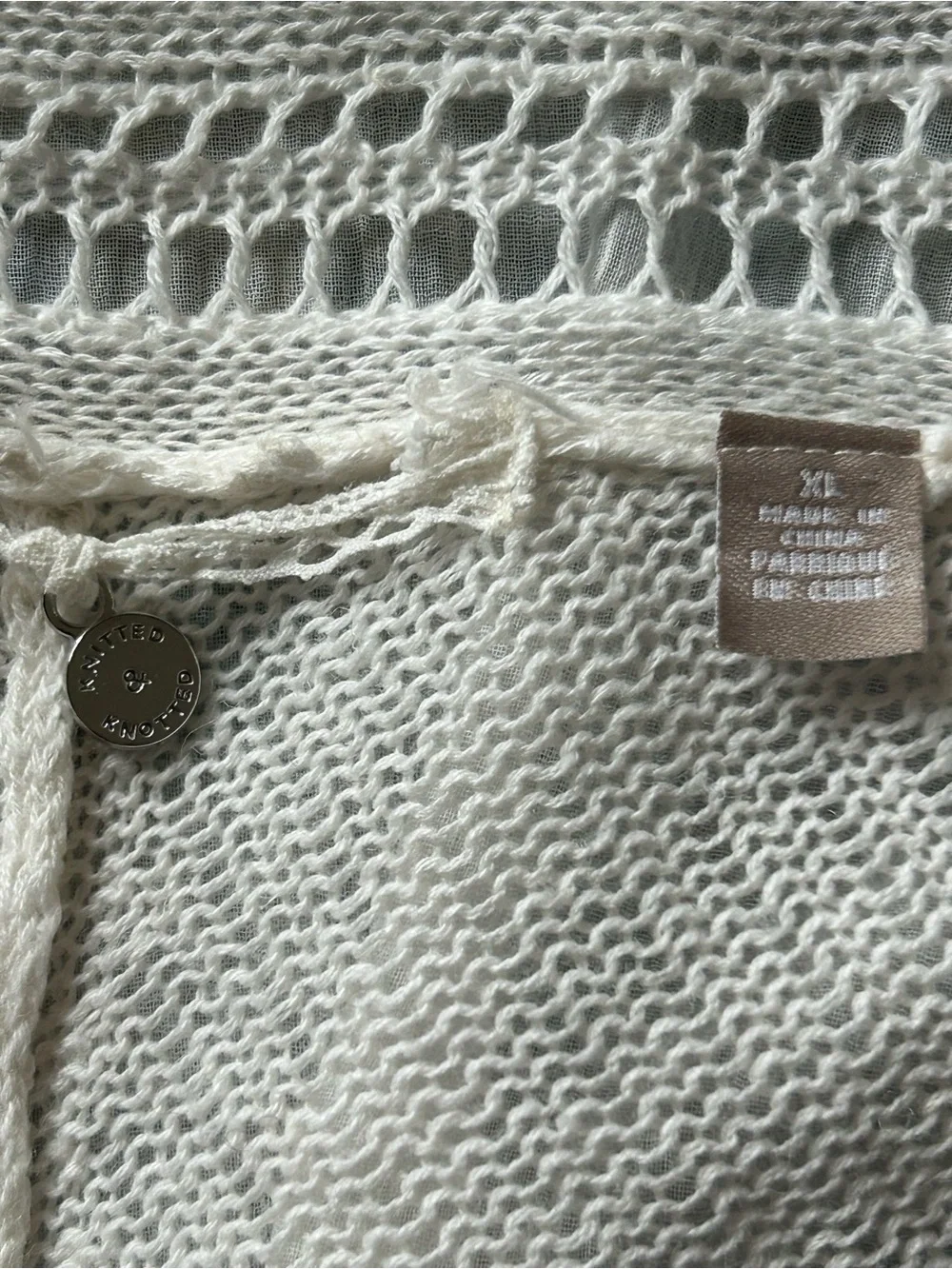 Knitted & Knotted Anthropologie Linen Cotton Open Front Cardigan Ivory Boho XL